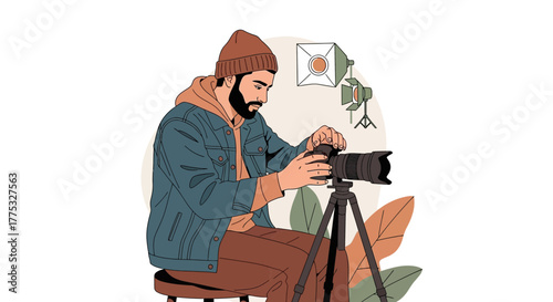 Photographer Readying Camera For A Photo Shoot Behind His Equipment and Lights Setup
