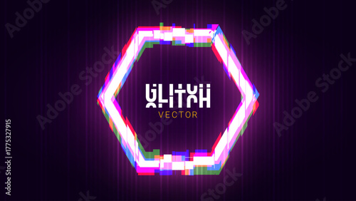 Glitched Hexagon Frame Design. Distorted Glitch Tech Cyberpunk Y2K Style Modern Background. Game Shape Glow Graphic Design for Digital Banner, Poster, Flyer. Vector Illustration.