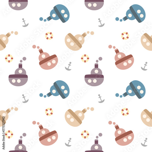 Ship colorful cartoon so cute. On anchor rubber ring background. Pattern seamless vector illustration. 