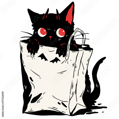 Black cat with red eyes peering out from a halloween bag illustration. Spooky pet peeking from trick or treat sack on transparent background.