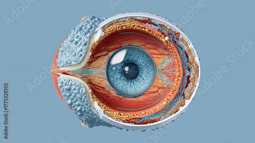 Cataract and prevention concept , Blue eye cross section anatomy lens cornea iris retina sclera medical diagram