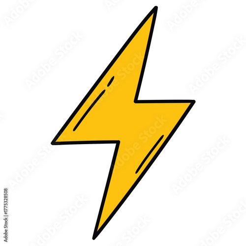 Hand-drawn cartoon yellow lightning bolt on a white background.