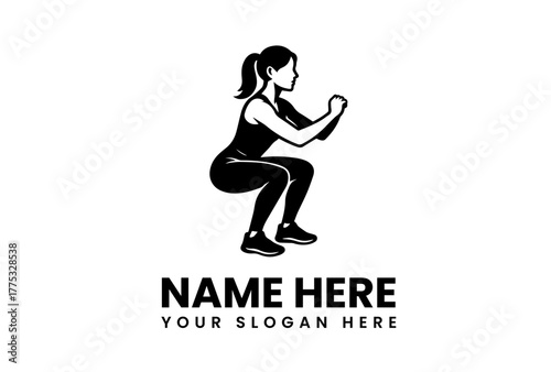 Fitness logo template featuring a woman in a squat position, perfect for gym or personal trainer branding