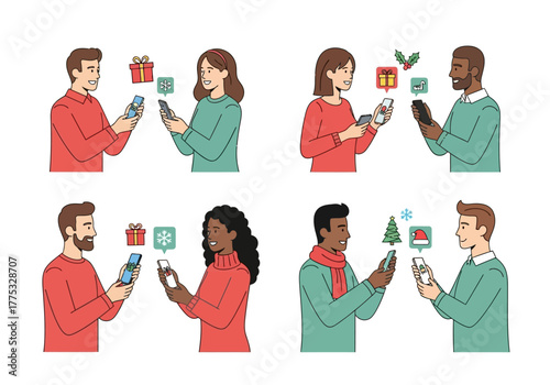 People using smartphones for holiday shopping and communication.