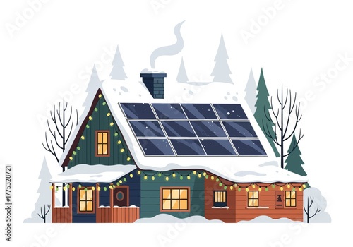 Winter House with Solar Panels and Christmas Lights.