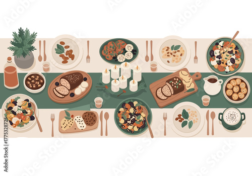 Festive Dinner Table Spread with Delicious Dishes and Decorations.