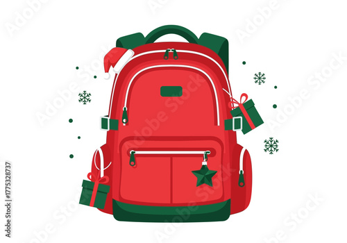 Festive Red Backpack with Christmas Decorations and Holiday Cheer.