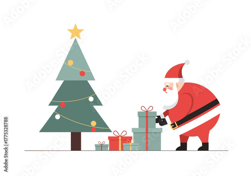 Santa Claus Placing Gifts Under Christmas Tree Illustration.