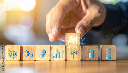 Artificial intelligence technology data analytics automation innovation strategy business network cybersecurity with hand arranging wooden blocks, warm light, modern office mood