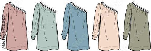 Variety of One-Shoulder Dresses in Fashion Illustration Style