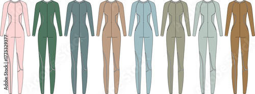 A collection of full-body sportswear in various neutral and pastel colors against a white background, showcasing different shades of beige, green, and blue