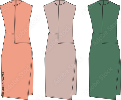 Elegant sleeveless midi dress design illustration for women, featuring a contemporary asymmetrical overlay and a chic side slit. Perfect for modern fashion apparel concepts