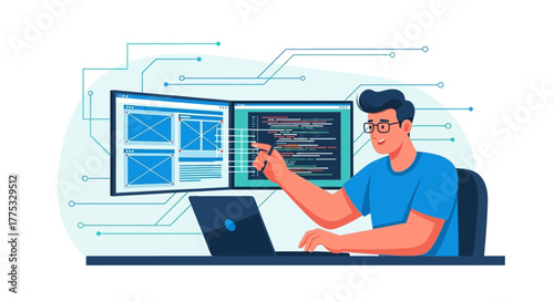 Software Developer Working On Code, Designing A Digital Interface At His Workstation