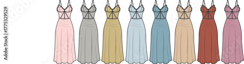 Fashion technical flat sketch of a long slip dress with a cutout bust detail, shown in multiple colorway variations for a clothing collection
