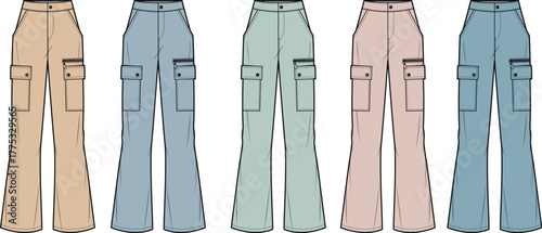Set of women's flared cargo pants in multiple pastel colors. Fashion technical flat sketch vector illustration template for apparel design