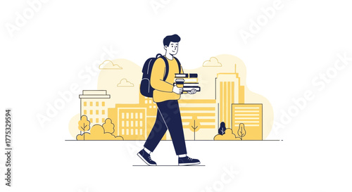 Student Returning Home With Books Walking In The City After School Day