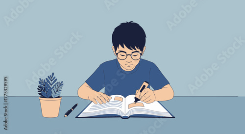 Student Studying And Highlighting Book Pages With A Marker For Educational Purposes