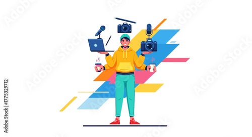 Versatile Creator Juggling Technology, Tools, And Beverages In Colorful Illustration Style