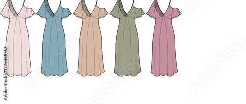 Fashion flat technical sketch of a romantic slip dress with ruffle details. Set of women's apparel mockups in various colorways