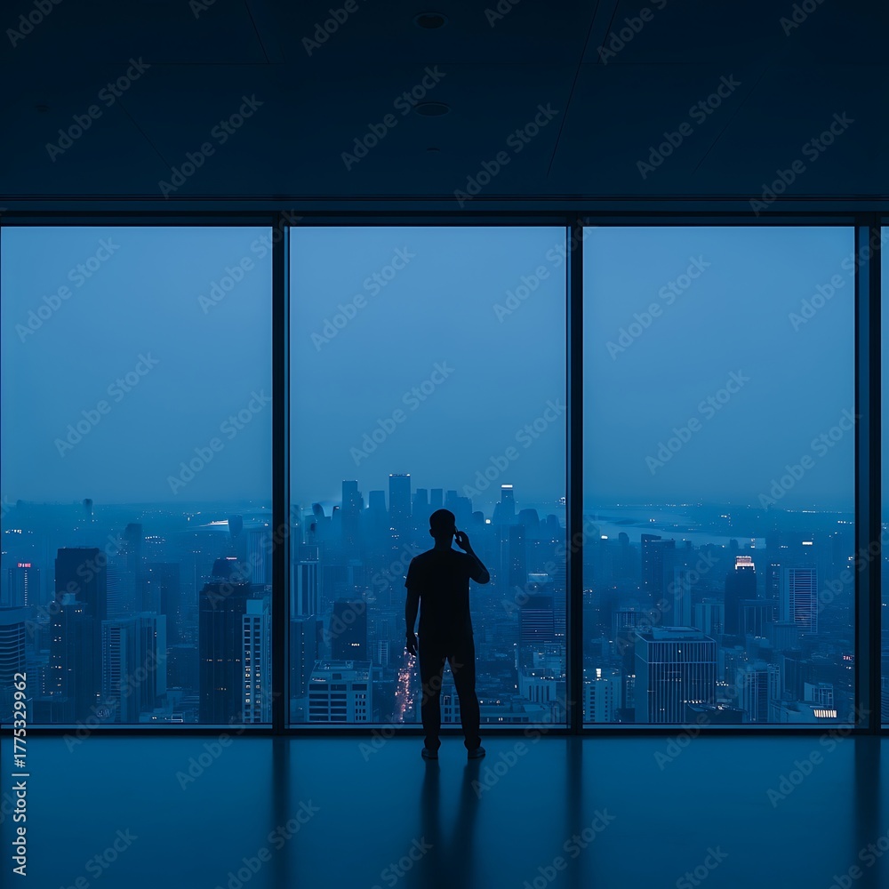 Fototapeta premium Person Talking on Phone Looking at City Skyline at Night