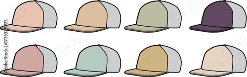 Collection of two-tone trucker hats with mesh backs, shown in a variety of soft, muted color palettes for apparel design