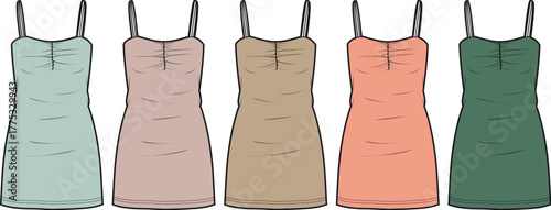 Set of women's slip dresses in various colors vector illustration. Fashion flat sketch template for apparel design and clothing collection