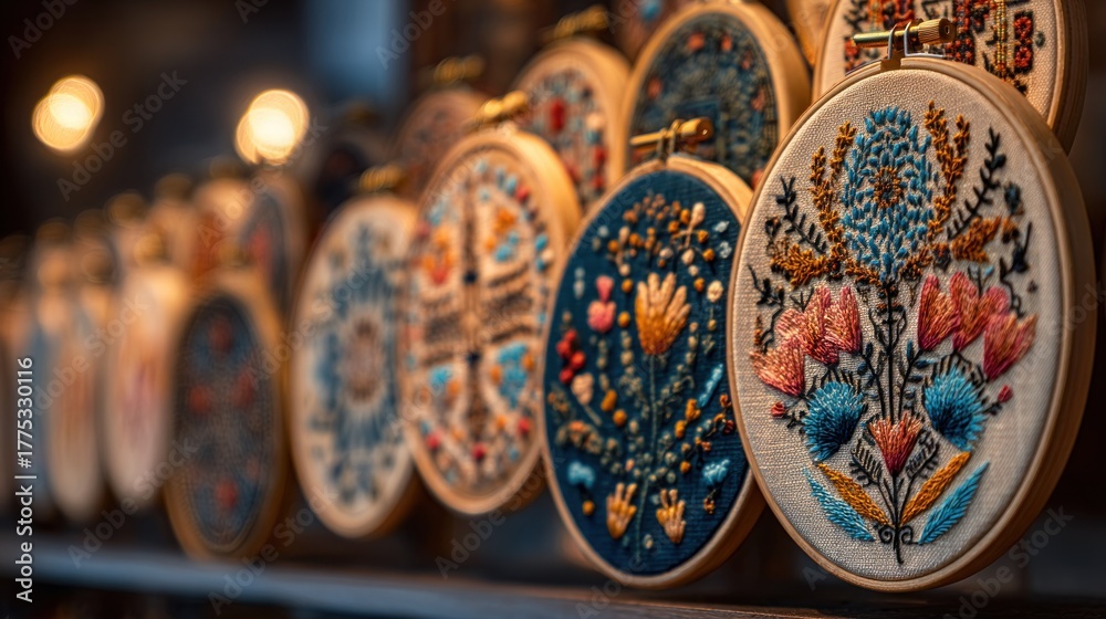 Fototapeta premium Multiple colorful embroidery designs in wooden hoops with mixed patterns