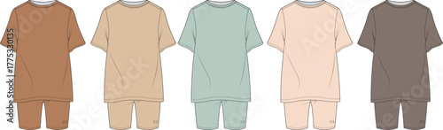 Set of Five Colorful Uniforms for Workers, Designed in Various Shades of Beige, Brown, and Green
