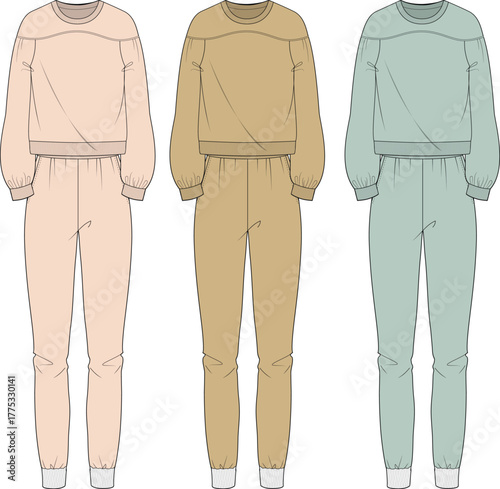 Set of three women's comfortable loungewear sweatsuit fashion flats in soft pastel colors, perfect for casual apparel design, collection development, and technical illustration