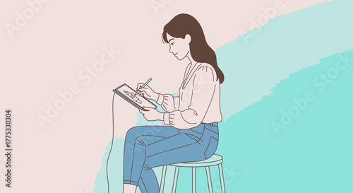 Woman Creates Digital Art Illustration on Tablet, Illustrating Modern Creative Lifestyle