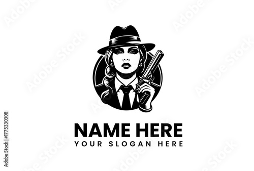 Bold monochrome illustration of a mysterious woman character in a fedora hat, holding a handgun, exuding confidence and intrigue, perfect for a powerful brand logo or graphic design element