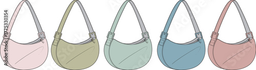 Collection of stylish crescent shoulder bags in various pastel colors. Flat vector design of minimalist women's fashion accessories