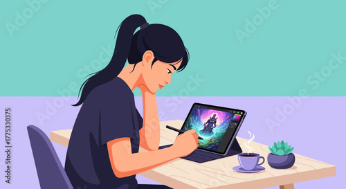 Woman Creates Digital Art Using Tablet Illustration Concept on White Table