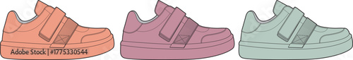 Set of three casual footwear illustrations in varying pastel colors, showcasing a modern design with velcro straps for easy fastening