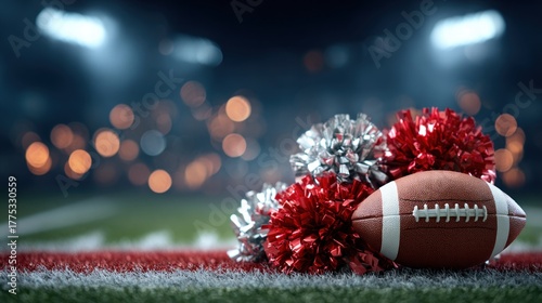 American football with red and silver pom-poms on grass field under stadium lights