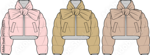 Fashionable Cropped Puffer Jacket Vector Art Set Bow Accent Winter Wear Design Templates