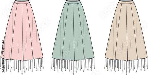 Three Skirts with Fringe Hem Pastel-colored skirt illustrations for fashion and design projects