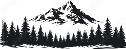Mountain Silhouette Above Evergreen Forest A Dramatic Black and White Landscape Illustration