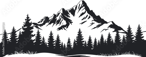 Majestic mountain peak silhouette with a dense pine forest, a symbol of outdoor adventure and wilderness exploration