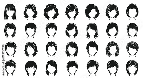 A diverse collection of graphic silhouettes showcasing various short to medium hairstyles and haircuts for men and women, perfect for fashion, beauty, and personal style projects