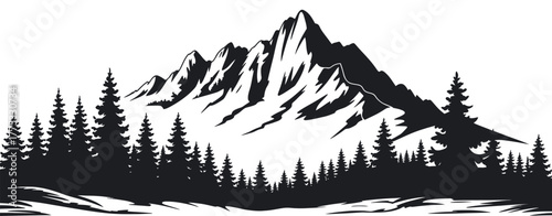 Monochrome vector illustration of a majestic mountain peak rising above a tranquil evergreen forest, symbolizing adventure and wilderness exploration