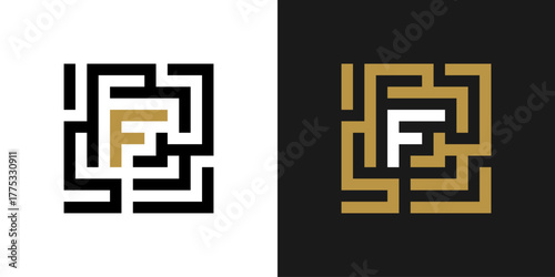 Geometric Font. Square labyrinth alphabet, geometric letter F, unique puzzle font for creative logos. Abstract labyrinth typography design.