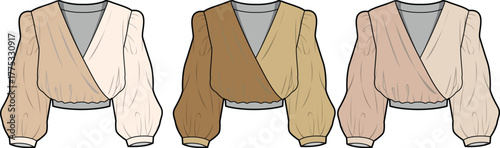 Fashion illustration of three elegant wrap blouses with sheer balloon sleeves, showcasing different neutral color palettes for versatile styling