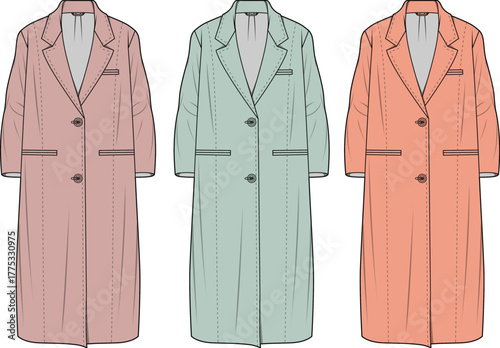 Collection of elegant flat sketch illustrations featuring stylish women's long overcoats in soft pastel hues, perfect for fashion design and apparel concept development