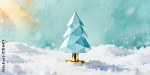 A modern geometric Christmas tree in sparkling snow. Minimalist holiday decoration on a pastel aqua watercolor background. Festive winter concept with copy space