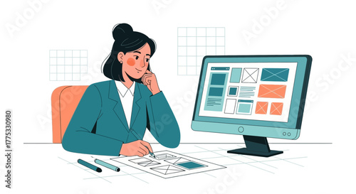 Woman Designing Website on Computer, Planning Interface Elements, Creative Process