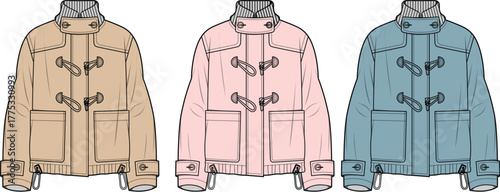 Three Toggle Jackets in Beige, Pink and Blue Fashion Illustration