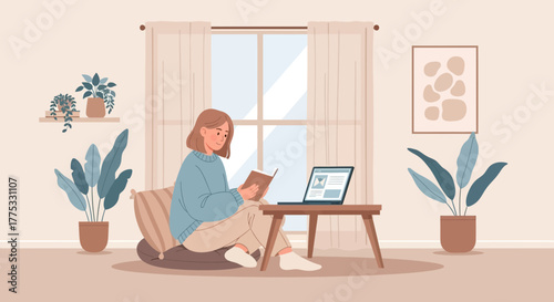 Woman Enjoying Leisure Time Reading Book and Working on Laptop in Cozy Living Room