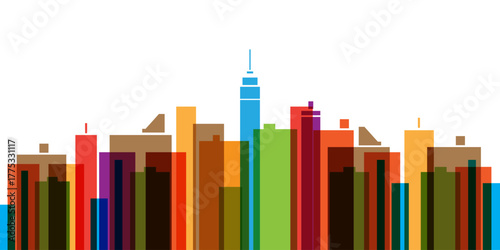 Isolated illustration of a vibrant city skyline featuring tall buildings and skyscrapers in multiple bright colors. The composition uses vertical rectangular shapes to represent urban architecture.