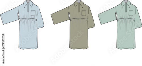 Fashion illustration of three long-sleeved collared shirts in varying shades of blue and green, designed for apparel production